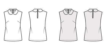 Blouse technical fashion illustration with loose silhouette, sleeveless, round collar trimmed with scalloped lace. Flat shirt apparel template front back white grey color. Women, men unisex top mockupのイラスト素材