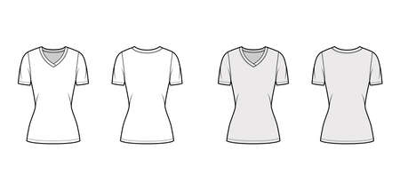 V-neck jersey t-shirt technical fashion illustration with short sleeves, tunic length. Flat sweater apparel template front, back white grey color. Women, men, unisex outwear top CAD mockupのイラスト素材