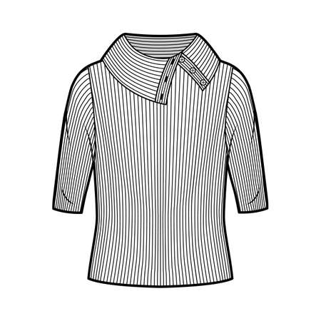 Wide button-up turtleneck ribbed-knit sweater technical fashion illustration with elbow sleeves, oversized body. Flat sweater apparel template front, white color. Women, men unisex shirt top mockupのイラスト素材