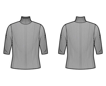 Turtleneck ribbed-knit sweater technical fashion illustration with elbow sleeves, oversized body. Flat sweater apparel template front, back grey color. Women, men unisex shirt topのイラスト素材