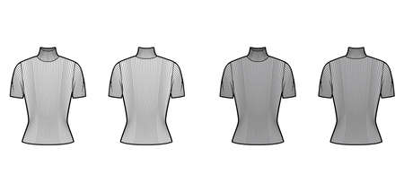 Turtleneck ribbed-knit sweater technical fashion illustration with short rib sleeves, close-fitting shape. Flat sweater apparel template front, back white grey color. Women, men, unisex shirt top CADのイラスト素材