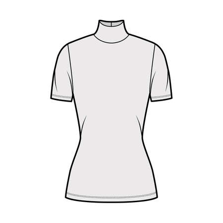 Turtleneck jersey sweater technical fashion illustration with short sleeves, tunic length. Flat outwear apparel template front, grey color. Women, men, unisex shirt top CAD mockupのイラスト素材