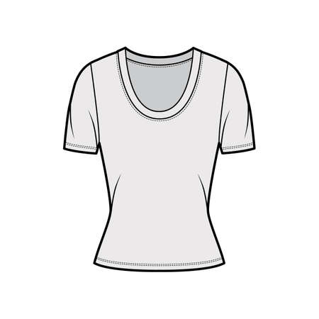 Scoop neck jersey t-shirt technical fashion illustration with short sleeves, close-fitting shape. Flat apparel template front, grey color. Women, men, unisex outfit top CAD mockupのイラスト素材