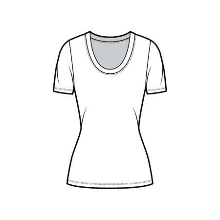 Scoop neck jersey t-shirt technical fashion illustration with short sleeves, close-fitting shape tunic length. Flat apparel template front, white color. Women, men, unisex outfit top CAD mockupのイラスト素材