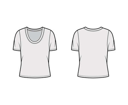 Scoop neck jersey t-shirt technical fashion illustration with short sleeves, oversized body. Flat apparel template front, back, grey color. Women, men unisex outfit top CAD mockupのイラスト素材