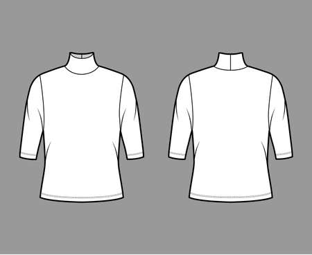 Turtleneck jersey sweater technical fashion illustration with elbow sleeves, oversized body. Flat outwear apparel template front, back white color. Women, men unisex shirt top CAD mockupのイラスト素材