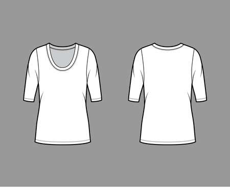 Scoop neck jersey shirt technical fashion illustration with elbow sleeves, oversized body, tunic length. Flat sweater apparel template front, back white color. Women, men unisex outfit top mockupのイラスト素材