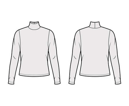 Turtleneck jersey sweater technical fashion illustration with long sleeves, oversized body. Flat outwear apparel template front back grey color. Women men unisex shirt top CAD mockupのイラスト素材