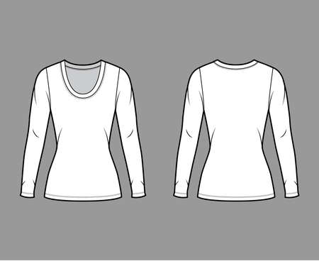 Scoop neck jersey shirt technical fashion illustration with long sleeves, close-fitting shape tunic length. Flat sweater apparel template front back white color. Women men unisex outfit top CAD mockupのイラスト素材