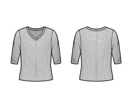 Ribbed V-neck knit sweater technical fashion illustration with elbow sleeves, oversized body. Flat outwear apparel template front, back white color. Women, men unisex shirt top CAD mockupのイラスト素材