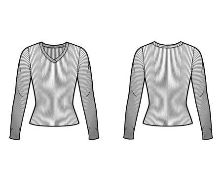 Ribbed V-neck knit sweater technical fashion illustration with long sleeves, close-fitting shape. Flat outwear apparel template front, back white color. Women men, unisex shirt top CAD mockupのイラスト素材