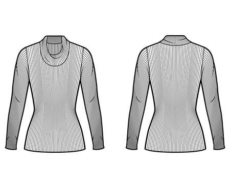 Ribbed cowl turtleneck knit sweater technical fashion illustration with long sleeves, close-fitting shape tunic length. Flat sweater apparel template front back white color. Women men unisex shirt topのイラスト素材