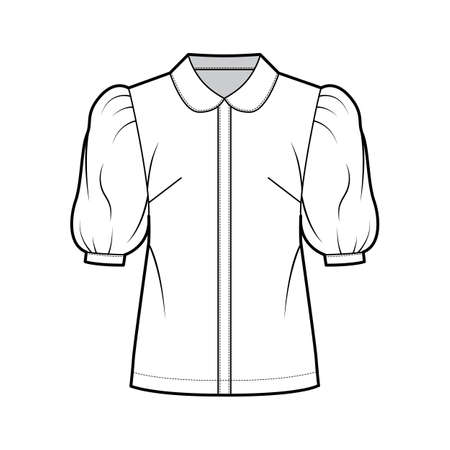 Elbow puff sleeve shirt technical fashion illustration with round collar, front button-fastening, loose silhouette. Flat blouse apparel template front, white color. Women, men unisex top CAD mockupのイラスト素材