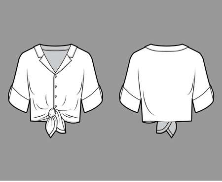 Tie-front blouse technical fashion illustration with lapel notched collar neck, roll cuff elbow sleeve. Flat top apparel template front, back, white color. Women, men unisex shirt CAD mockupのイラスト素材