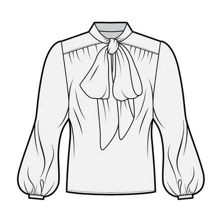 Pussy-bow blouse technical fashion illustration with oversized body, loose fit, long bishop sleeves. Flat apparel shirt template front, grey color. Women, men and unisex mockup CAD for designerのイラスト素材