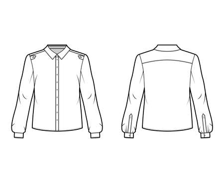Classic military style shirt technical fashion illustration with buttoned placket, shoulder epaulettes, long sleeves. Flat blouse apparel template front back white color. Women, men unisex top mockupのイラスト素材