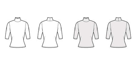 Turtleneck jersey sweater technical fashion illustration with elbow sleeves, close-fitting shape. Flat outwear apparel template front back white grey color. Women, men unisex shirt top CAD mockupのイラスト素材
