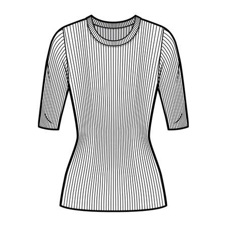 Ribbed crew neck knit sweater technical fashion illustration with elbow sleeves, close-fitting shape, tunic length. Flat outwear apparel template front white color. Women men unisex top CAD mockupのイラスト素材