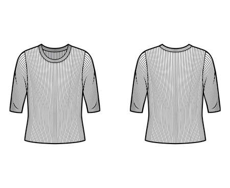 Ribbed crew neck knit sweater technical fashion illustration with elbow sleeves, oversized body. Flat outwear apparel template front, back white color. Women, men unisex shirt top CAD mockupのイラスト素材