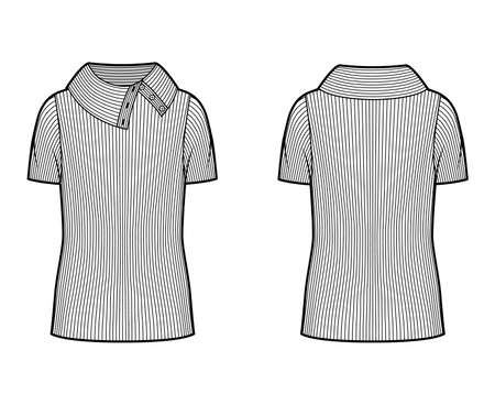 Wide button-up turtleneck ribbed-knit sweater technical fashion illustration with short rib sleeves, oversized, tunic length. Flat sweater apparel template front back white color. Women men unisex topのイラスト素材