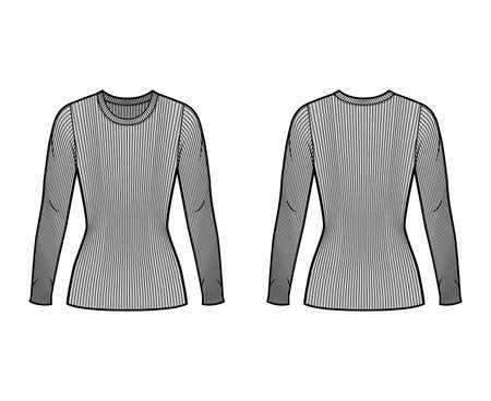 Ribbed crew neck knit sweater technical fashion illustration with long sleeves, close-fitting shape tunic length. Flat outwear apparel template front back grey color. Women men unisex shirt top CADのイラスト素材