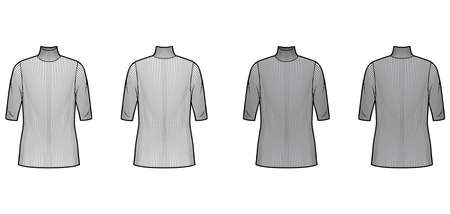 Turtleneck ribbed-knit sweater technical fashion illustration with elbow sleeves, oversized body, tunic length. Flat sweater apparel template front, back white grey color. Women, men unisex shirt topのイラスト素材