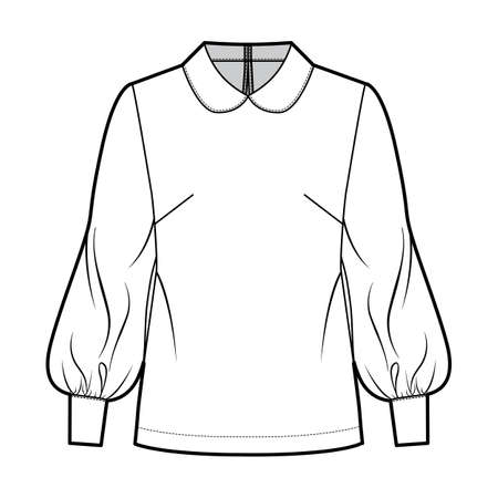 Long bishop sleeve blouse technical fashion illustration with round collar, back button-fastening keyhole. Flat shirt apparel template front, white color. Women, men unisex top CAD mockupのイラスト素材