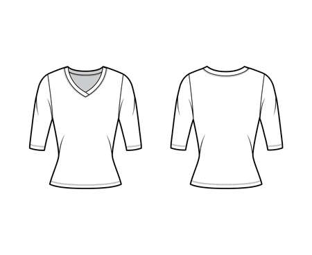 V-neck jersey sweater technical fashion illustration with elbow sleeves, close-fitting shape. Flat outwear apparel template front back white color. Women, men unisex shirt top CAD mockupのイラスト素材