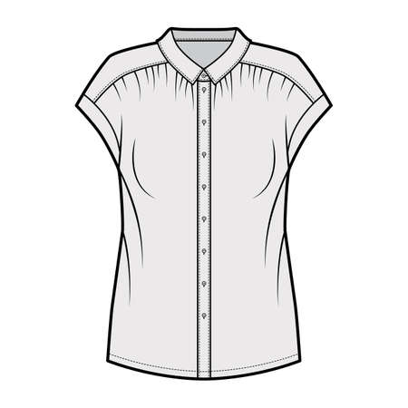 Gentle pleats shirt technical fashion illustration with loose silhouette, regular colar with stand, sleeveless. Flat blouse apparel template front, grey color. Women, men unisex top CAD mockupのイラスト素材