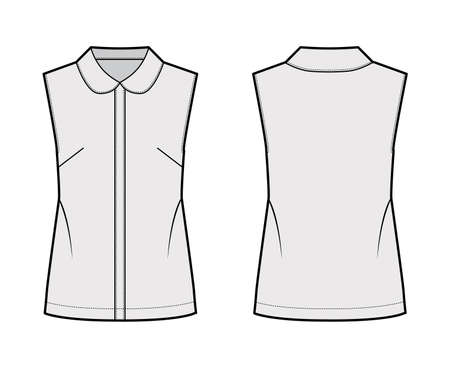 Blouse technical fashion illustration with round collar, sleeveless, loose silhouette, front button fastenings. Flat shirt apparel template front, back grey color. Women, men unisex top CAD mockupのイラスト素材