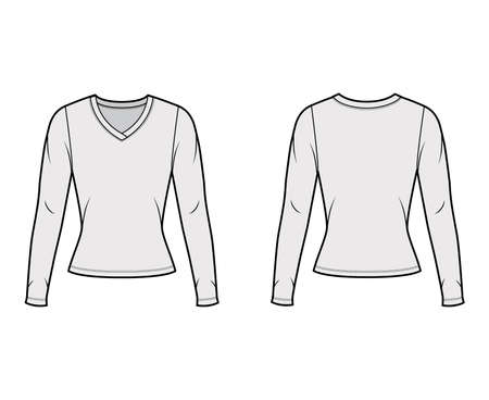 V-neck jersey sweater technical fashion illustration with long sleeves, close-fitting shape. Flat outwear apparel template front, back grey color. Women men, unisex shirt top CAD mockupのイラスト素材