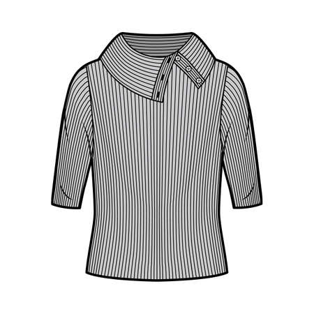 Wide button-up turtleneck ribbed-knit sweater technical fashion illustration with elbow sleeves, oversized body. Flat sweater apparel template front, grey color. Women, men unisex shirt top mockupのイラスト素材