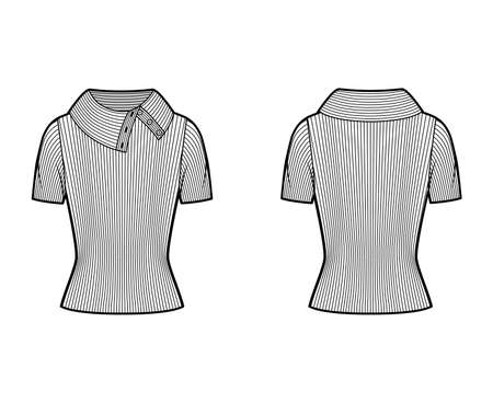 Wide button-up turtleneck ribbed-knit sweater technical fashion illustration with short rib sleeves, close shape. Flat sweater apparel template front, back white color. Women men, unisex shirt top CADのイラスト素材