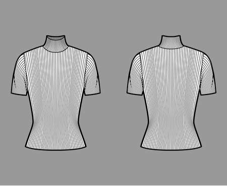 Turtleneck ribbed-knit sweater technical fashion illustration with short rib sleeves, close-fitting shape. Flat sweater apparel template front back white color. Women, men, unisex shirt top CAD mockupのイラスト素材