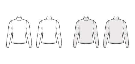 Turtleneck jersey sweater technical fashion illustration with long sleeves, oversized body. Flat outwear apparel template front back white grey color. Women men unisex shirt top CAD mockupのイラスト素材