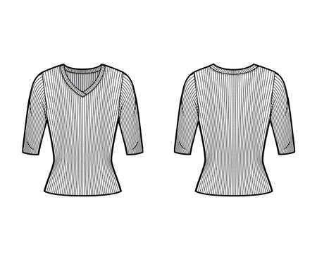 Ribbed V-neck knit sweater technical fashion illustration with elbow sleeves, close-fitting shape. Flat outwear apparel template front back white color. Women, men unisex shirt top CAD mockupのイラスト素材