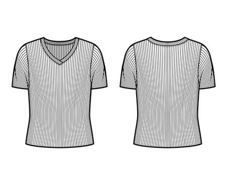 Ribbed V-neck knit sweater technical fashion illustration with short rib sleeves, oversized body. Flat outwear apparel template front, back white color. Women, men unisex shirt top CAD mockupのイラスト素材