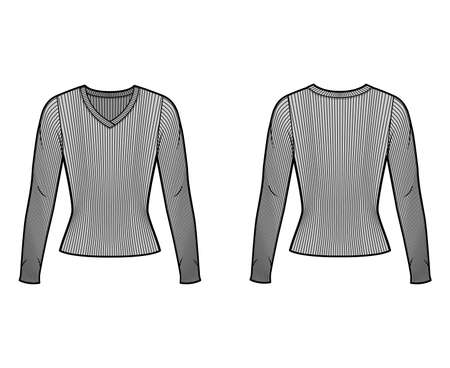 Ribbed V-neck knit sweater technical fashion illustration with long sleeves, close-fitting shape. Flat outwear apparel template front, back grey color. Women men, unisex shirt top CAD mockupのイラスト素材