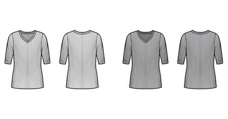 Ribbed V-neck knit sweater technical fashion illustration with elbow sleeves, oversized body, tunic length. Flat outwear apparel template front, back white grey color. Women, men unisex shirt top CADのイラスト素材