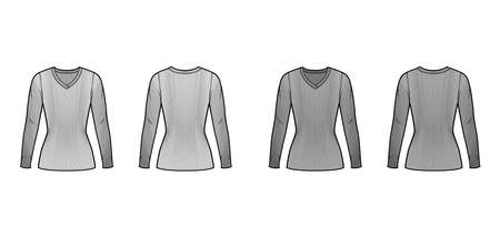 Ribbed V-neck knit sweater technical fashion illustration with long sleeves, close-fitting shape tunic length. Flat outwear apparel template front back white grey color. Women men unisex shirt top CADのイラスト素材