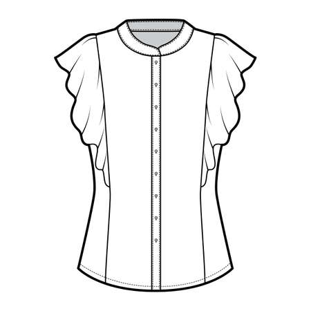 Shirt technical fashion illustration with fitted body, mandarin collar, front button fastenings, ruffled sleeves. Flat blouse apparel template front, white color. Women, men unisex top CAD mockupのイラスト素材