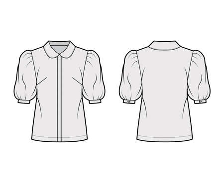 Elbow puff sleeve shirt technical fashion illustration with round collar, front button-fastening, loose silhouette. Flat blouse apparel template front back grey color. Women, men unisex top CAD mockupのイラスト素材