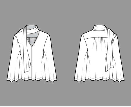 Pussy-bow blouse technical fashion illustration with baby doll body, deep V-neck, long circle sleeves tunic. Flat shirt apparel template front back white color. Women, men unisex top CAD mockupのイラスト素材