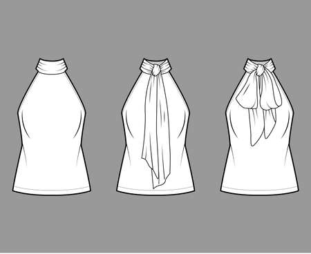Halterneck top technical fashion illustration with semi-fitted body, ties pussy-bow at neck, sleeveless. Flat blouse apparel template front, back, white color. Women, men unisex shirt CAD mockupのイラスト素材