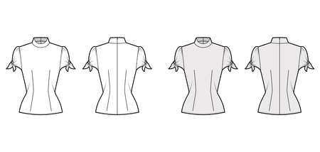 Knotted cutout blouse technical fashion illustration with high neckline, puffed volume sleeves, back zip fastening. Flat apparel template front, back white, grey color. Women men unisex garment mockupのイラスト素材