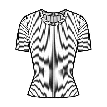 Ribbed crew neck knit sweater technical fashion illustration with short rib sleeves, close-fitting shape. Flat outwear apparel template front, white color. Women, men, unisex shirt top CAD mockupのイラスト素材