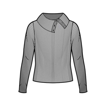 Wide button-up turtleneck ribbed-knit sweater technical fashion illustration with long sleeves, oversized body. Flat sweater apparel template front, grey color. Women men unisex shirt top CAD mockupのイラスト素材