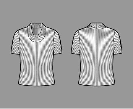 Ribbed cowl turtleneck knit sweater technical fashion illustration with short rib sleeves, oversized body. Flat outwear apparel template front, back white color. Women, men unisex shirt top CAD mockupのイラスト素材