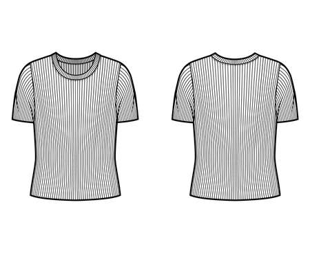 Ribbed crew neck knit sweater technical fashion illustration with short rib sleeves, oversized body. Flat outwear apparel template front, back white color. Women, men unisex shirt top CAD mockupのイラスト素材