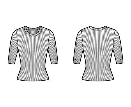 Ribbed crew neck knit sweater technical fashion illustration with short rib sleeves, tunic length. Flat outwear apparel template front, back white color. Women, men, unisex shirt top CAD mockupのイラスト素材